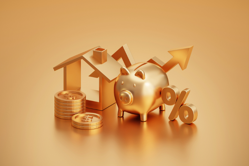 gold piggy bank, coins, house and percent sign