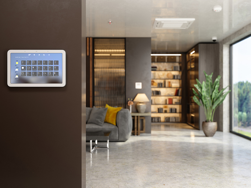 Contemporary living room with integrated lighting and entertainment controls